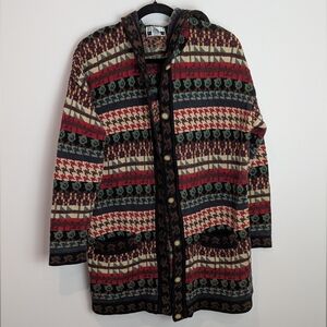 90s Express Tricot Aztec Southwestern Long Cardigan Sweater M Thick Ramie Cotton